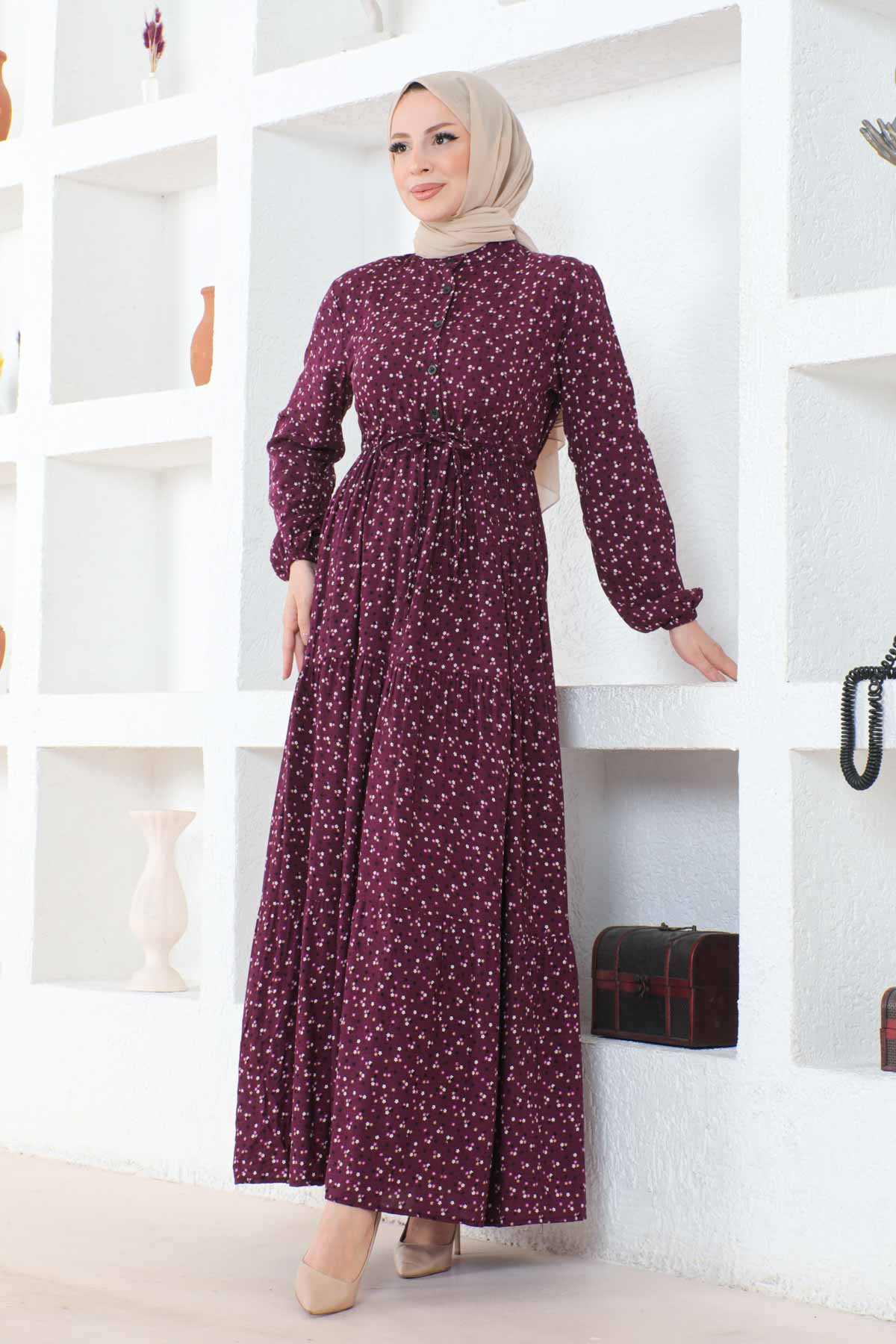 Çıtır Desenli Düğmeli Viskon Elbise - Mürdüm