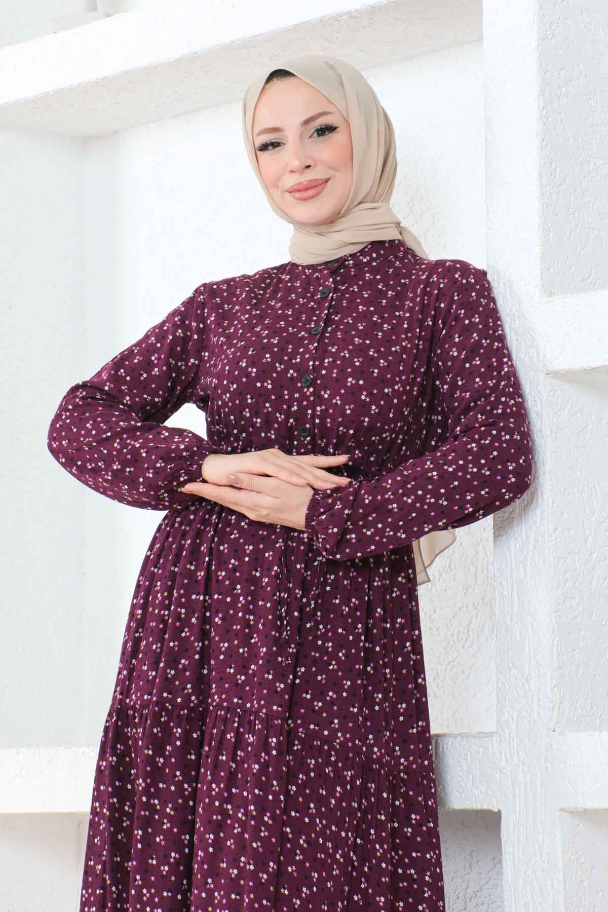 Çıtır Desenli Düğmeli Viskon Elbise - Mürdüm