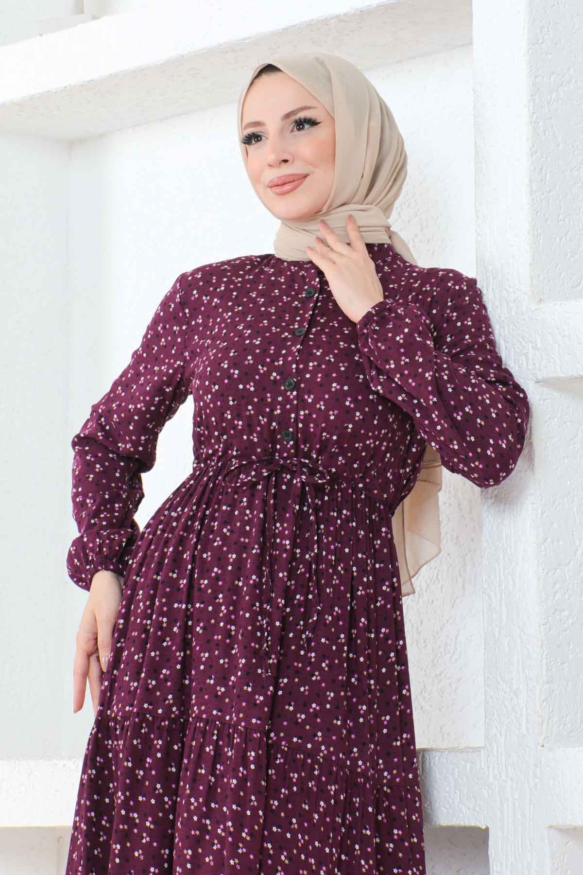 Çıtır Desenli Düğmeli Viskon Elbise - Mürdüm