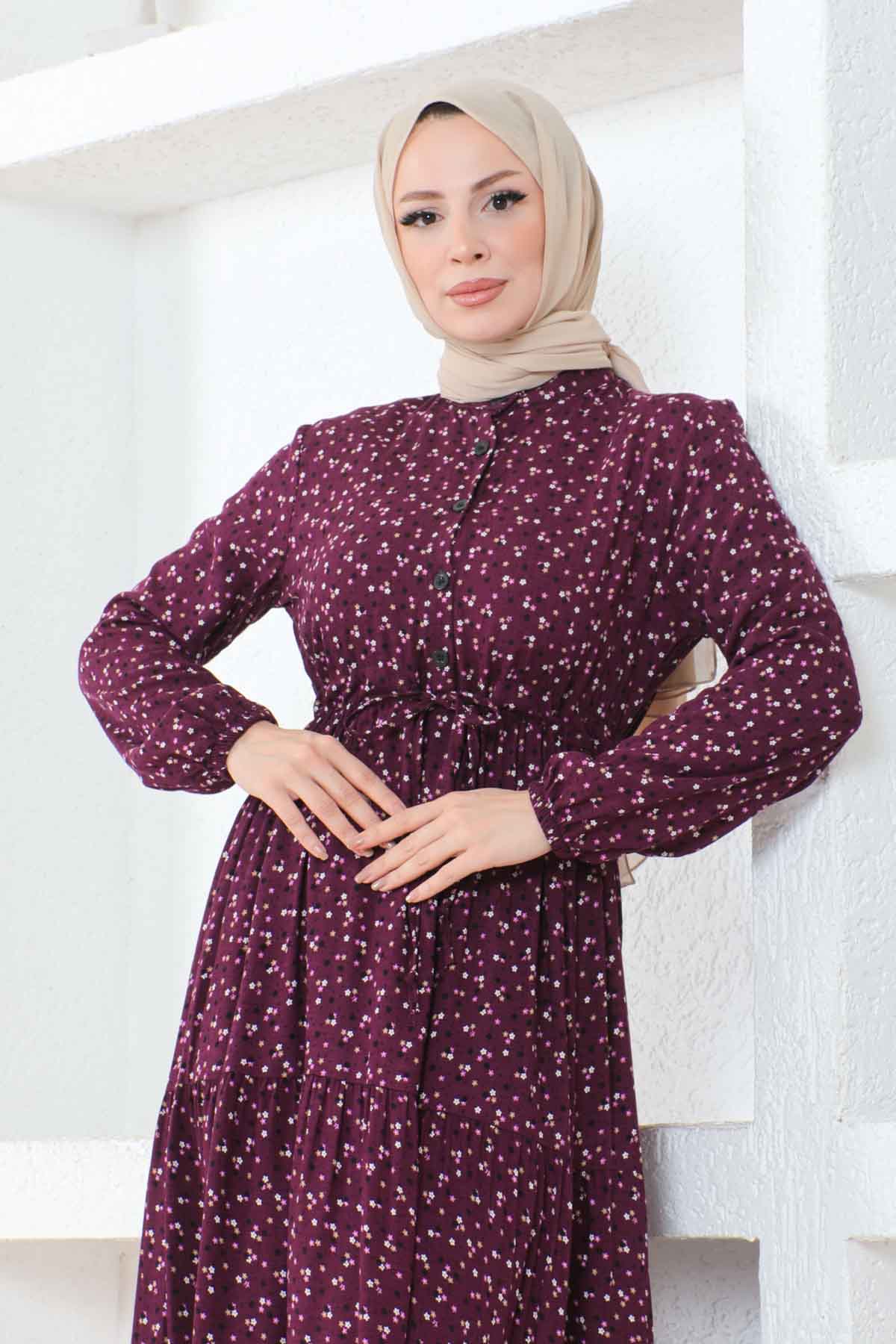 Çıtır Desenli Düğmeli Viskon Elbise - Mürdüm