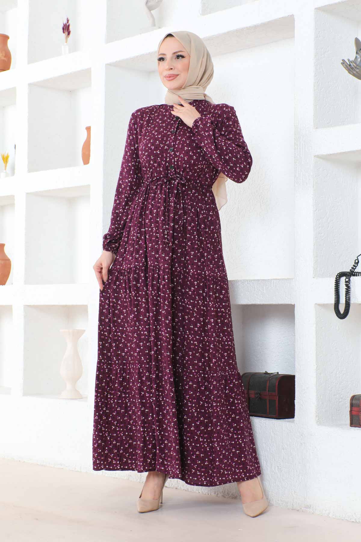 Çıtır Desenli Düğmeli Viskon Elbise - Mürdüm