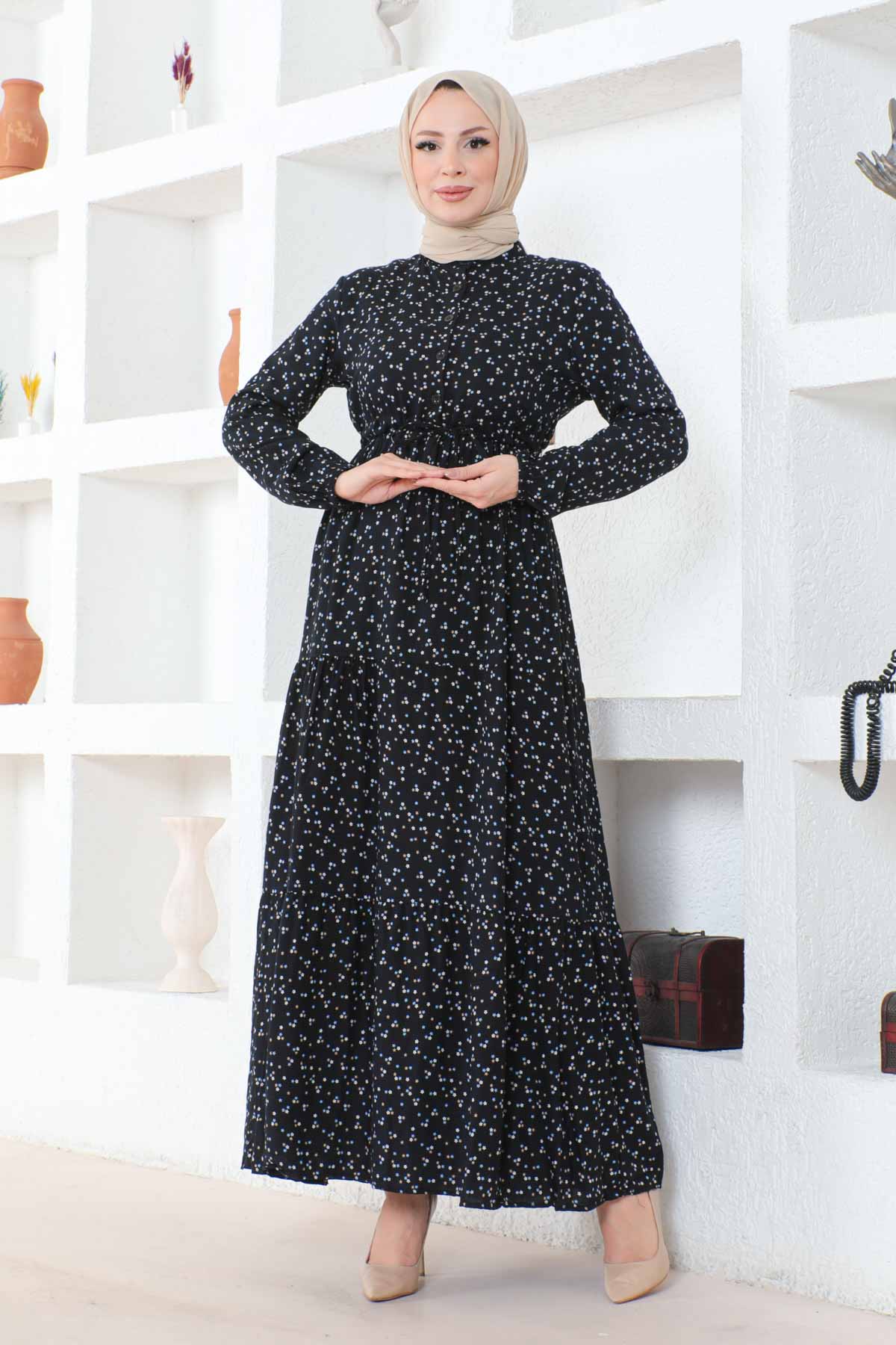 Çıtır Desenli Düğmeli Viskon Elbise - Siyah