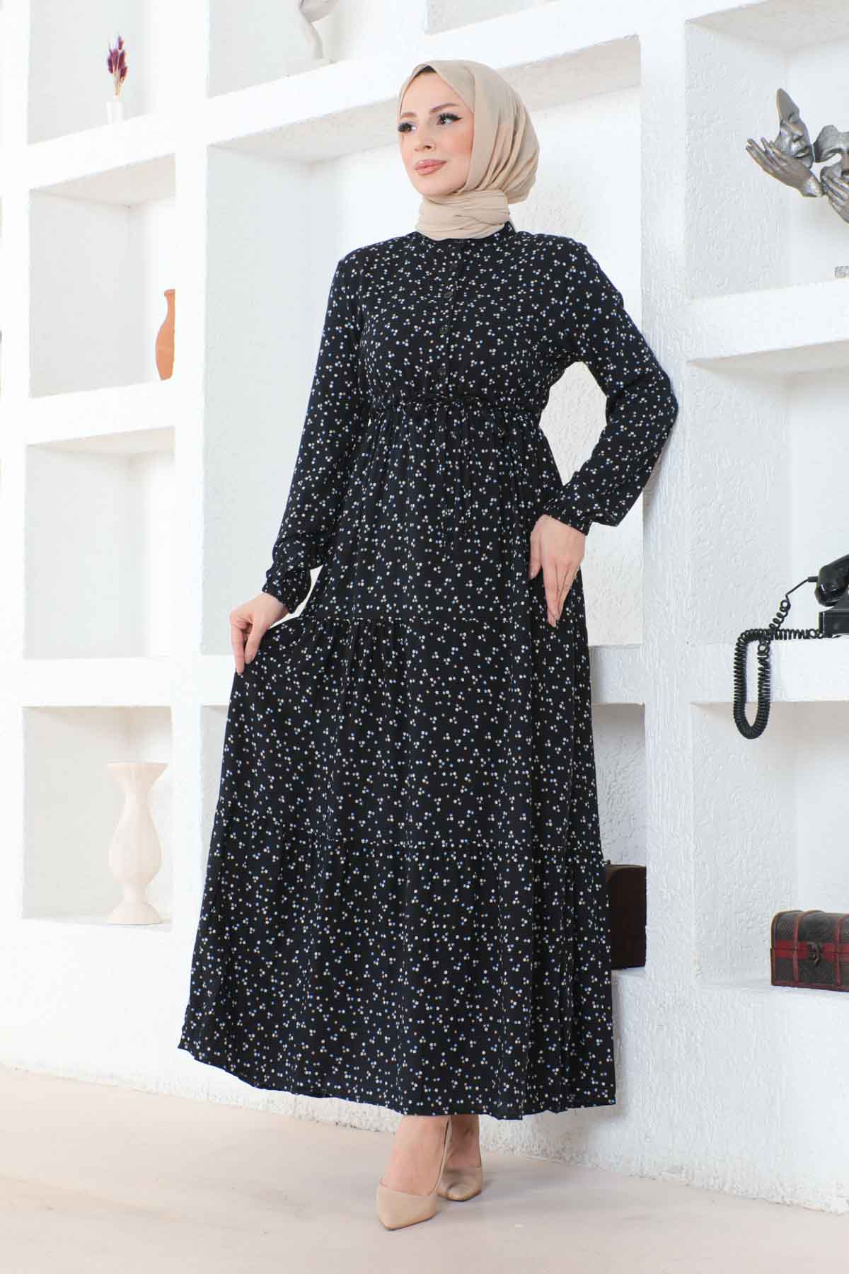 Çıtır Desenli Düğmeli Viskon Elbise - Siyah