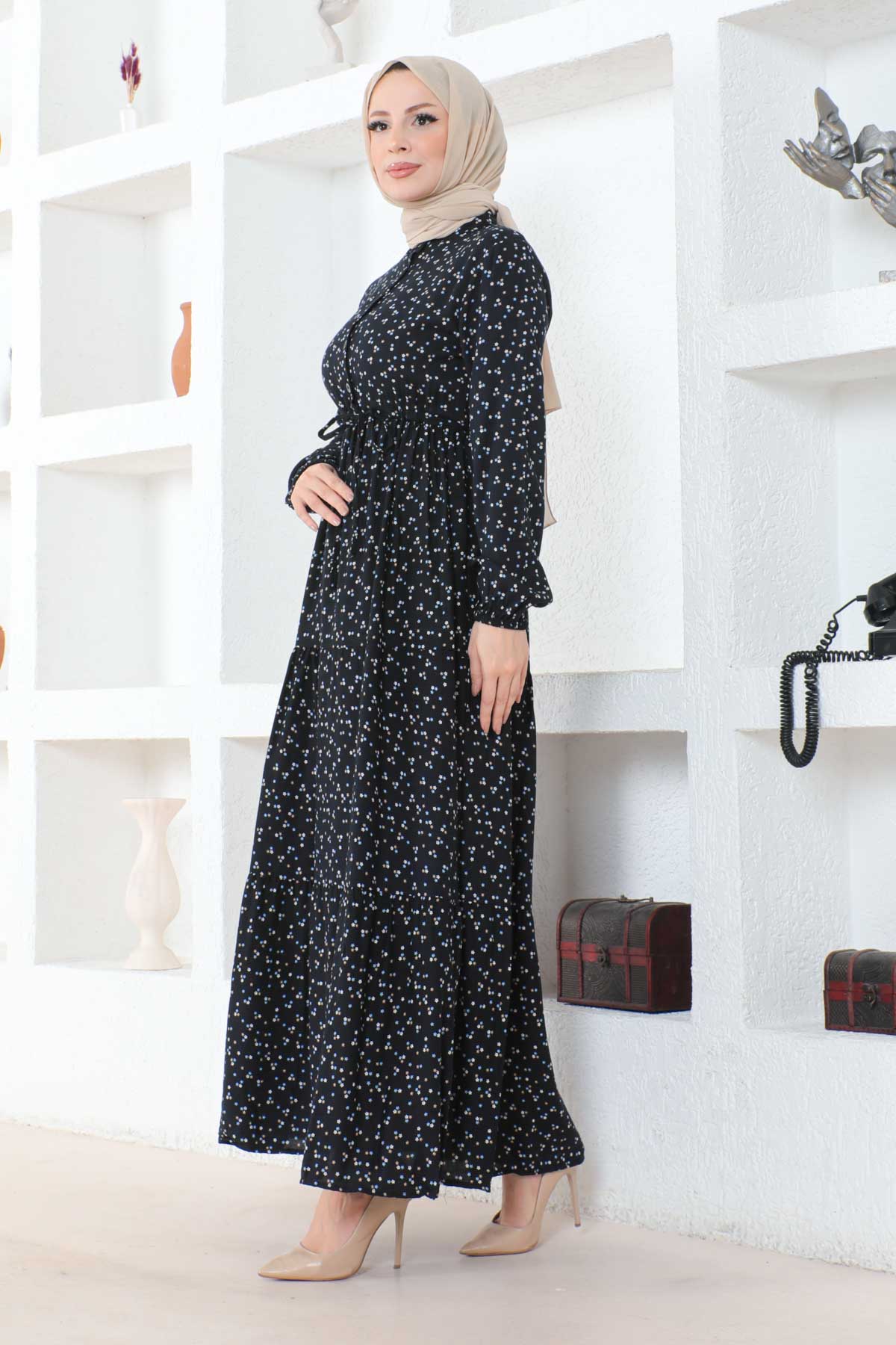 Çıtır Desenli Düğmeli Viskon Elbise - Siyah