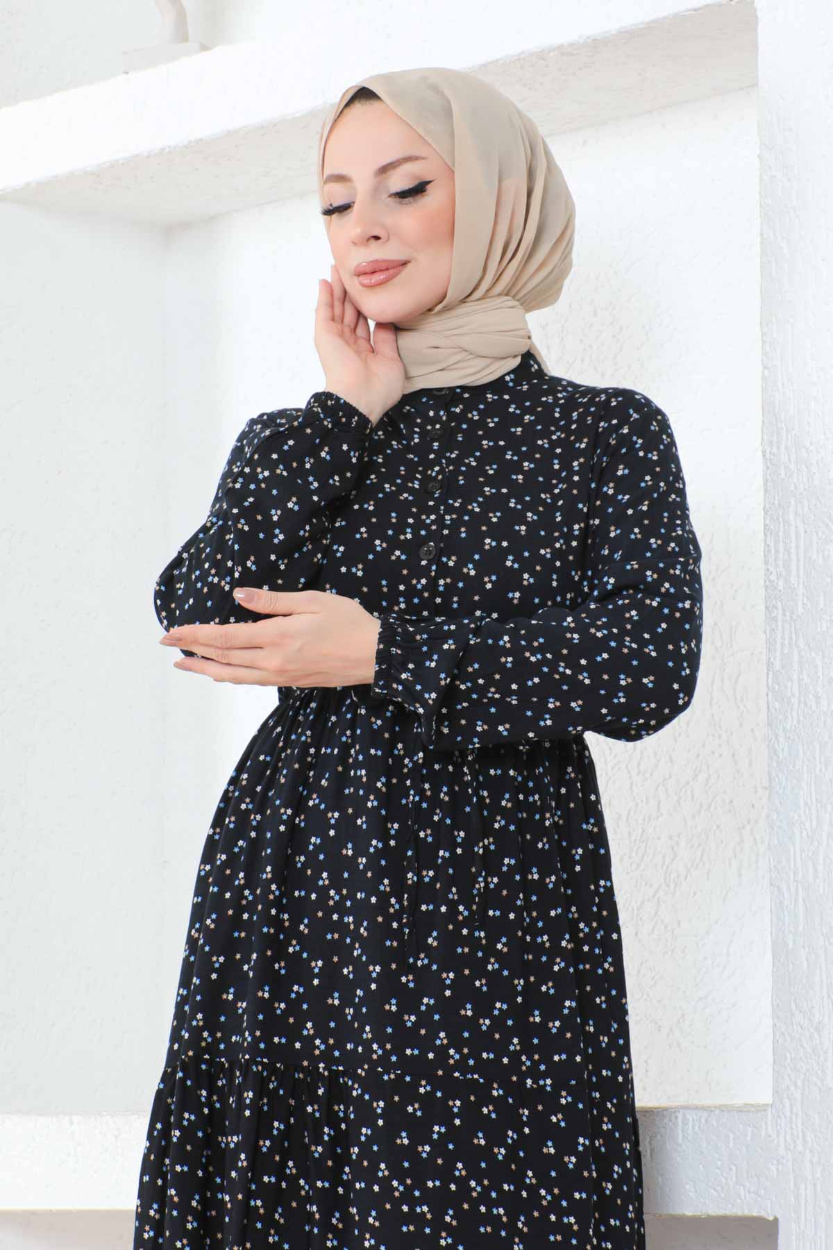 Çıtır Desenli Düğmeli Viskon Elbise - Siyah