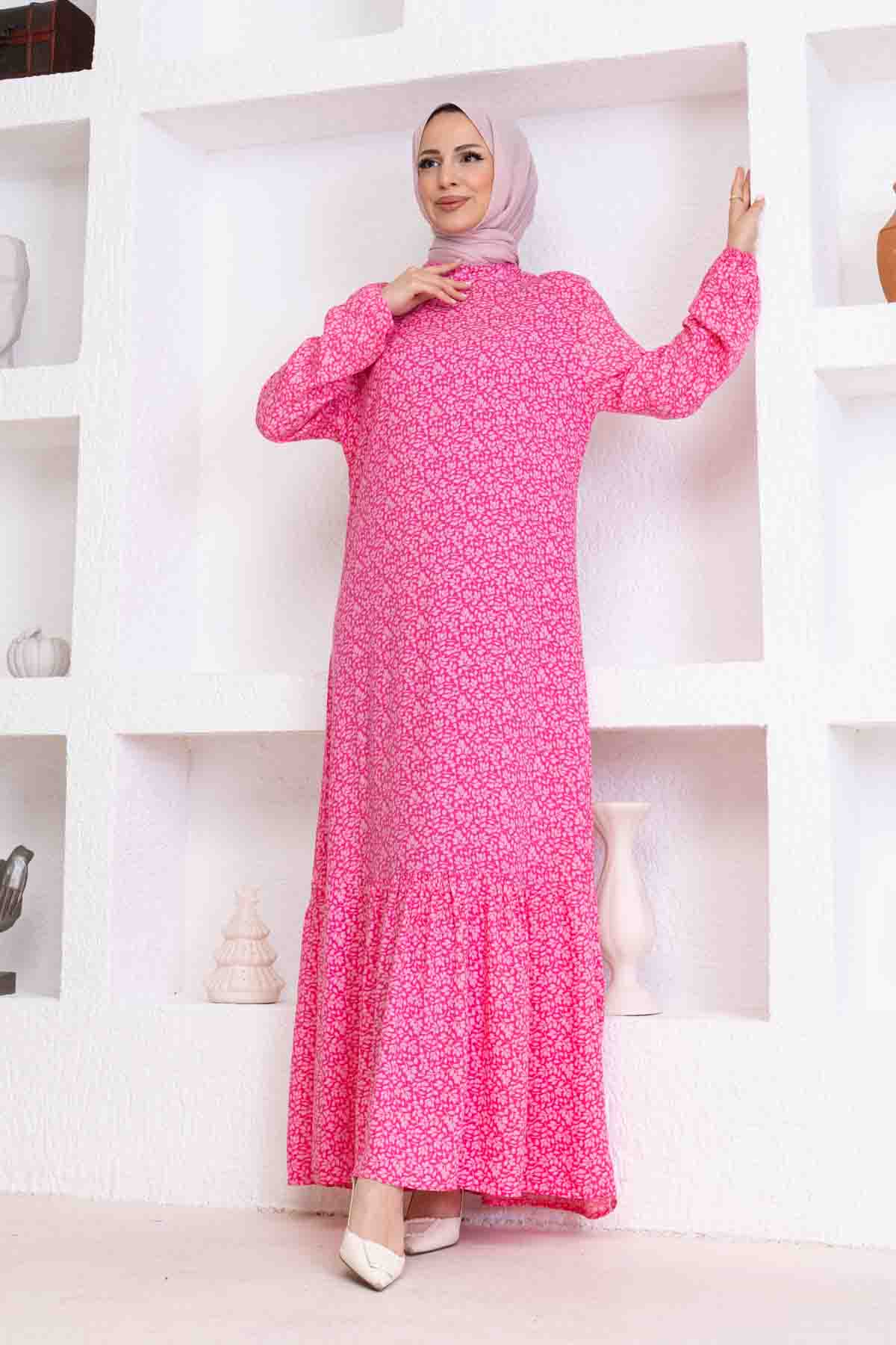 Çıtır Desenli Pamuk Viskon Elbise - Pembe
