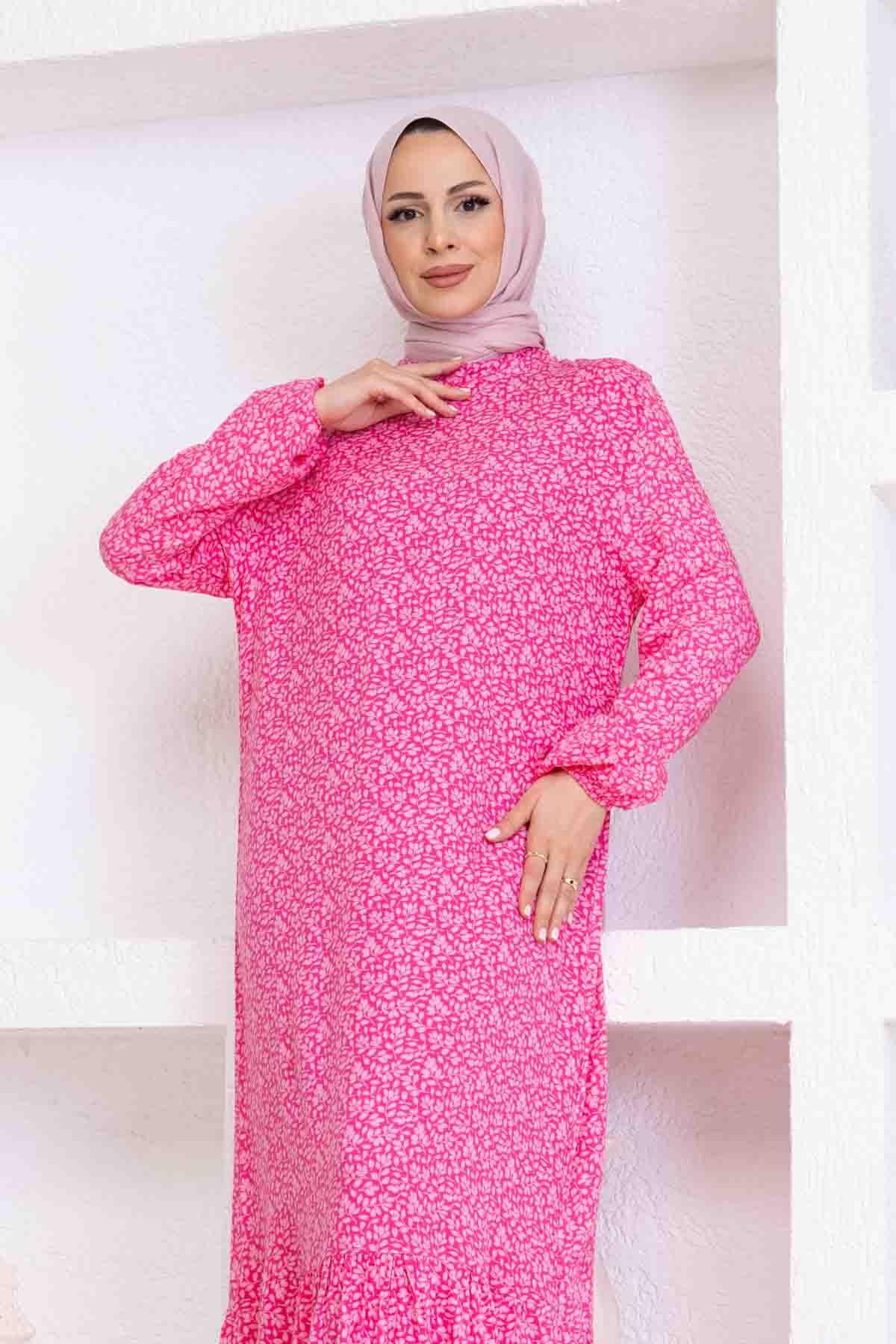 Çıtır Desenli Pamuk Viskon Elbise - Pembe