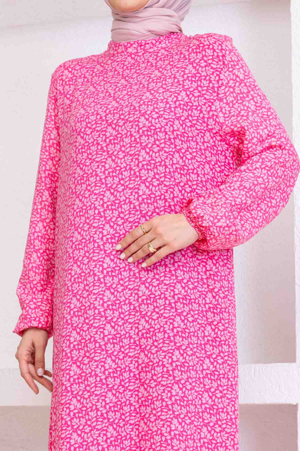 Çıtır Desenli Pamuk Viskon Elbise - Pembe