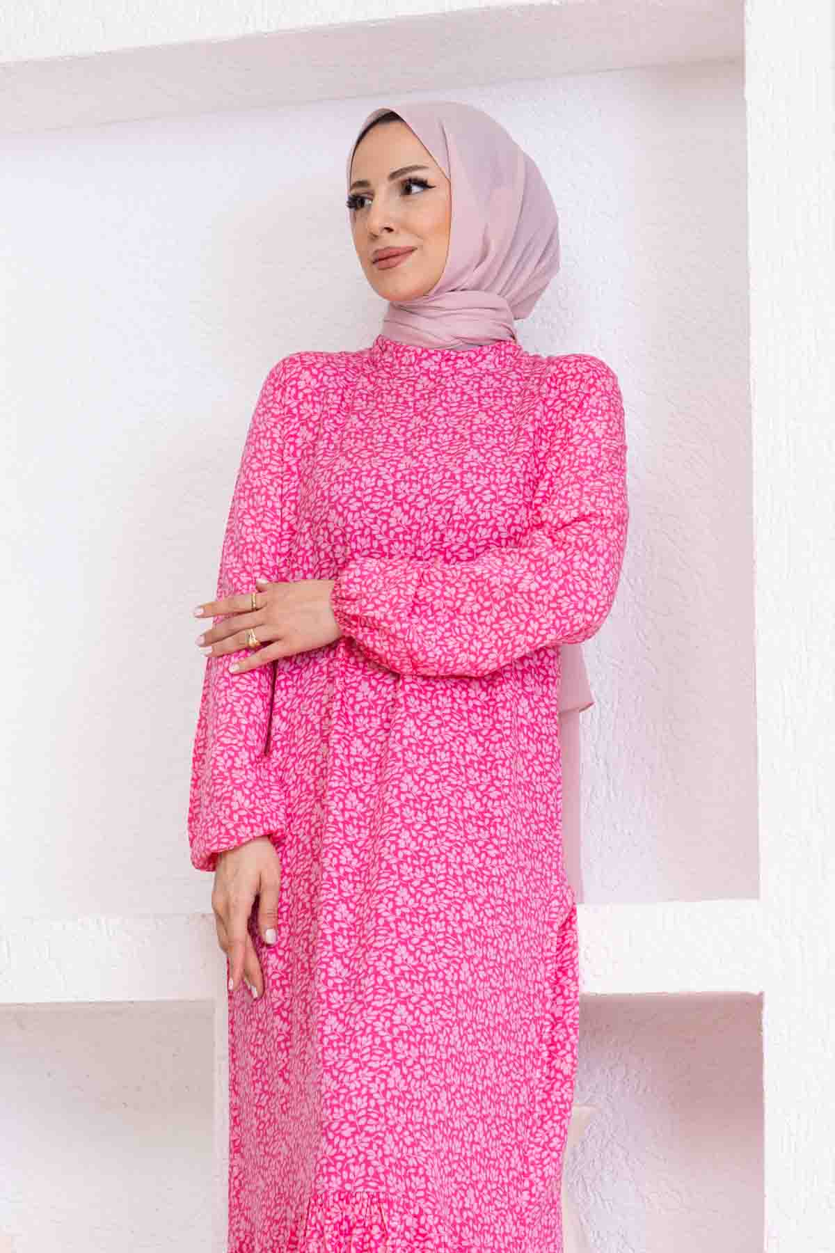 Çıtır Desenli Pamuk Viskon Elbise - Pembe