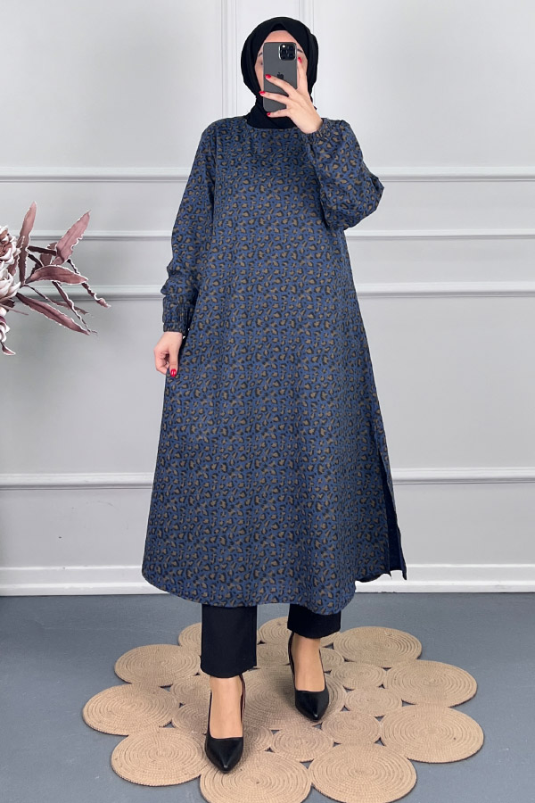 Çıtır Desenli Uzun Tunik - Lacivert