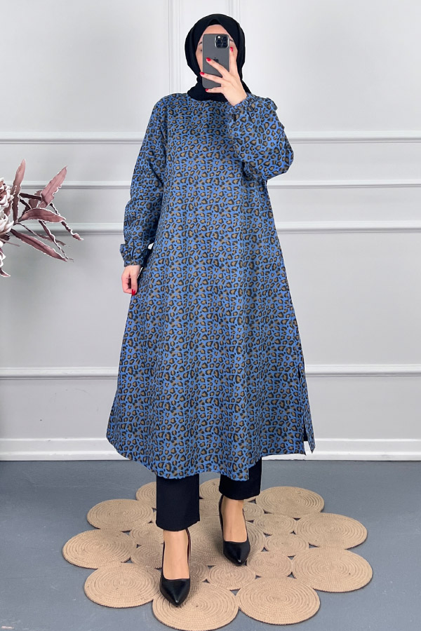 Çıtır Desenli Uzun Tunik - Mavi