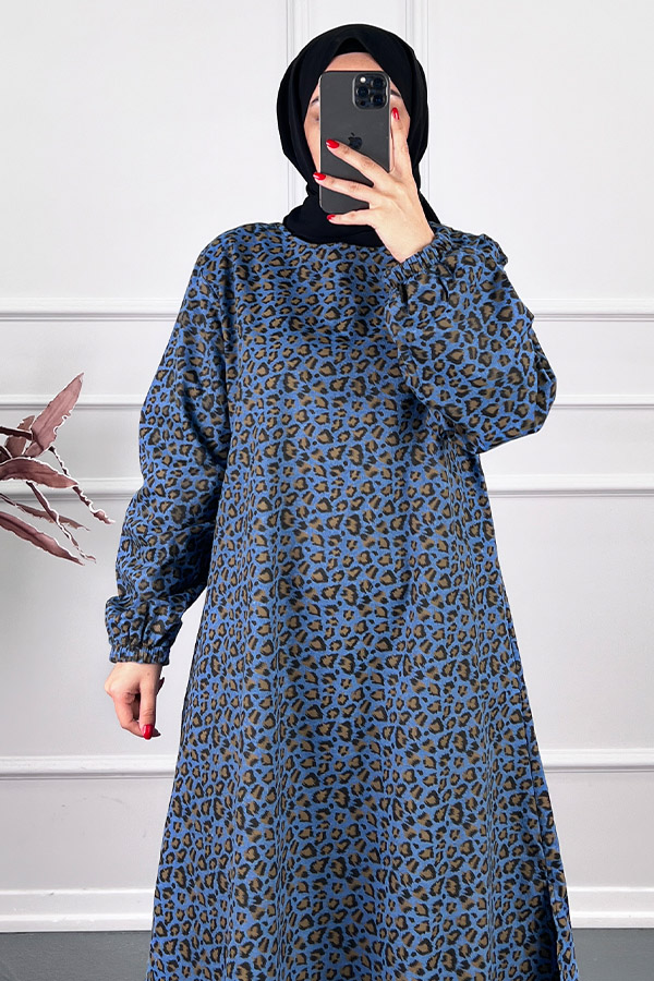 Çıtır Desenli Uzun Tunik - Mavi