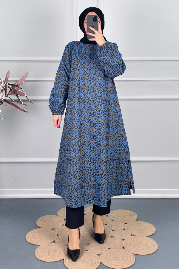 Çıtır Desenli Uzun Tunik - Mavi