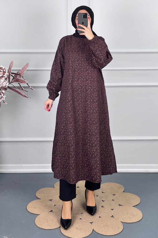 Çıtır Desenli Uzun Tunik - Mürdüm