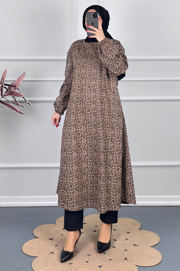 Çıtır Desenli Uzun Tunik - Vizon Çıtır Desenli Uzun Tunik - Vizon