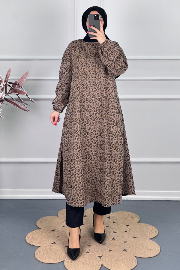 Çıtır Desenli Uzun Tunik - Vizon Çıtır Desenli Uzun Tunik - Vizon