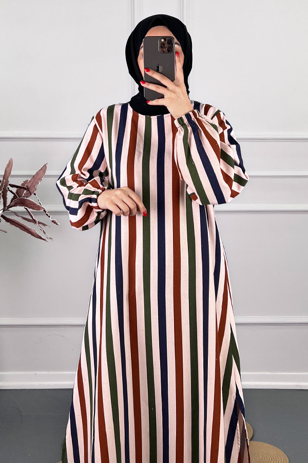 Çizgi Detaylı Uzun Tunik - Pudra