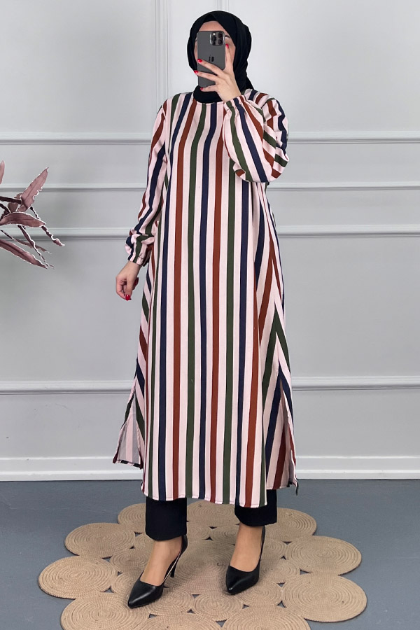 Çizgi Detaylı Uzun Tunik - Pudra