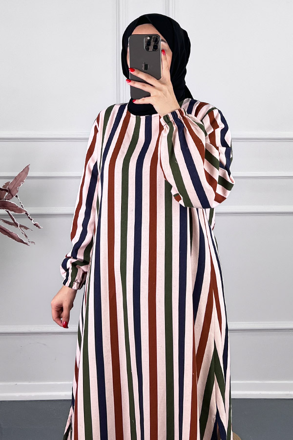 Çizgi Detaylı Uzun Tunik - Pudra