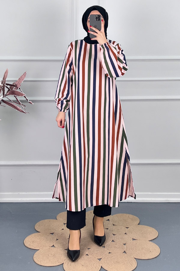 Çizgi Detaylı Uzun Tunik - Pudra