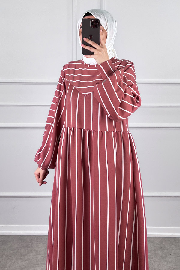 Çizgili İki İplik Elbise - Pudra