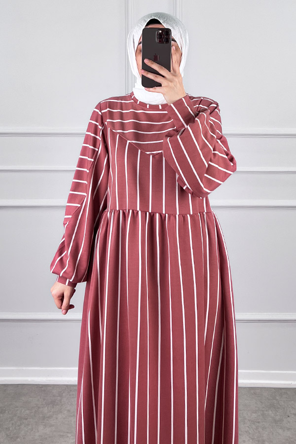 Çizgili İki İplik Elbise - Pudra