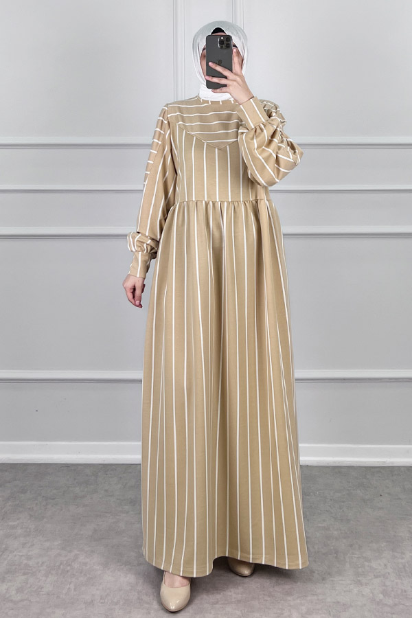 Çizgili İki İplik Elbise - Sarı