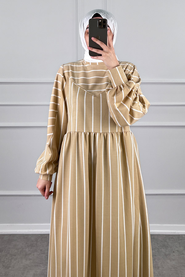 Çizgili İki İplik Elbise - Sarı