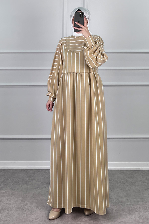 Çizgili İki İplik Elbise - Sarı