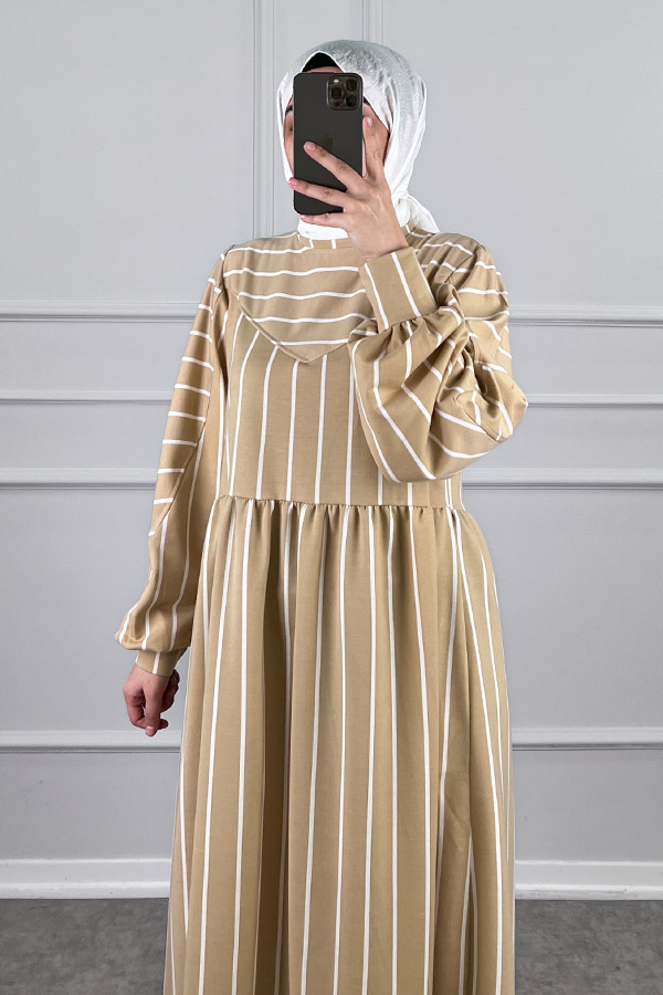 Çizgili İki İplik Elbise - Sarı