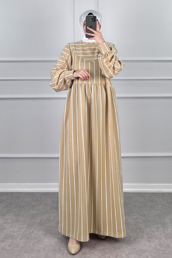 Çizgili İki İplik Elbise - Sarı