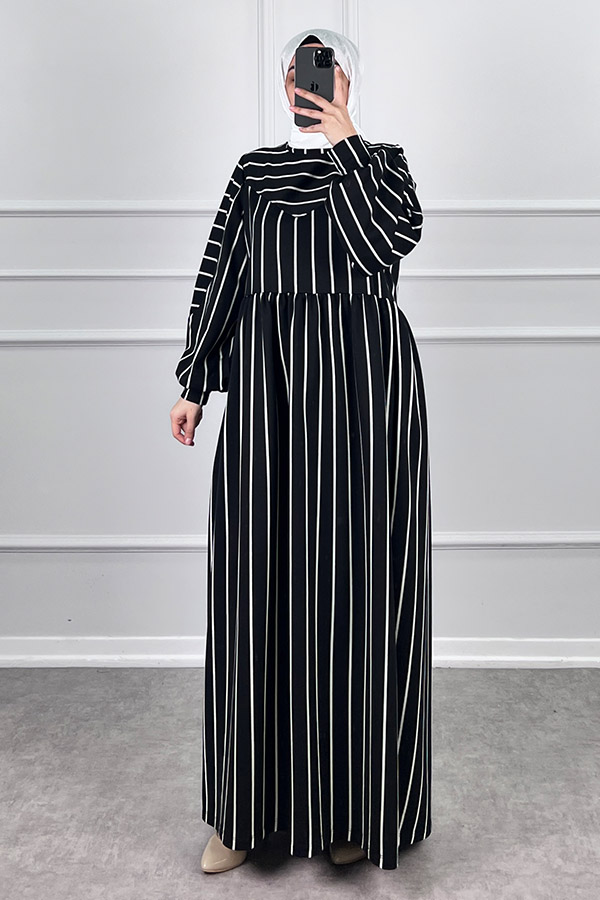 Çizgili İki İplik Elbise - Siyah