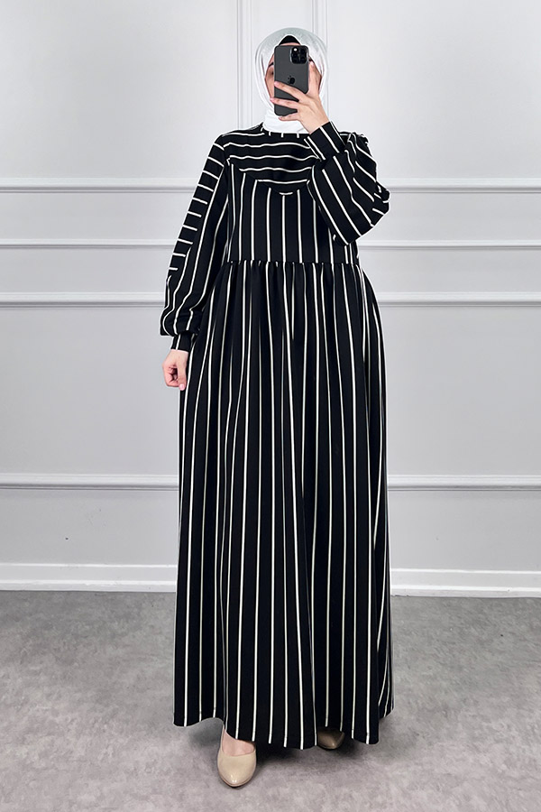 Çizgili İki İplik Elbise - Siyah