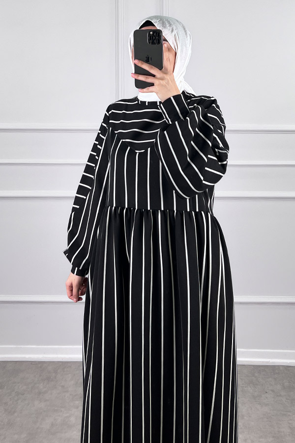 Çizgili İki İplik Elbise - Siyah