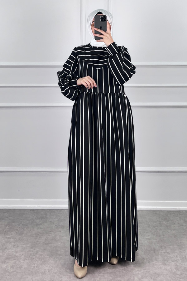 Çizgili İki İplik Elbise - Siyah