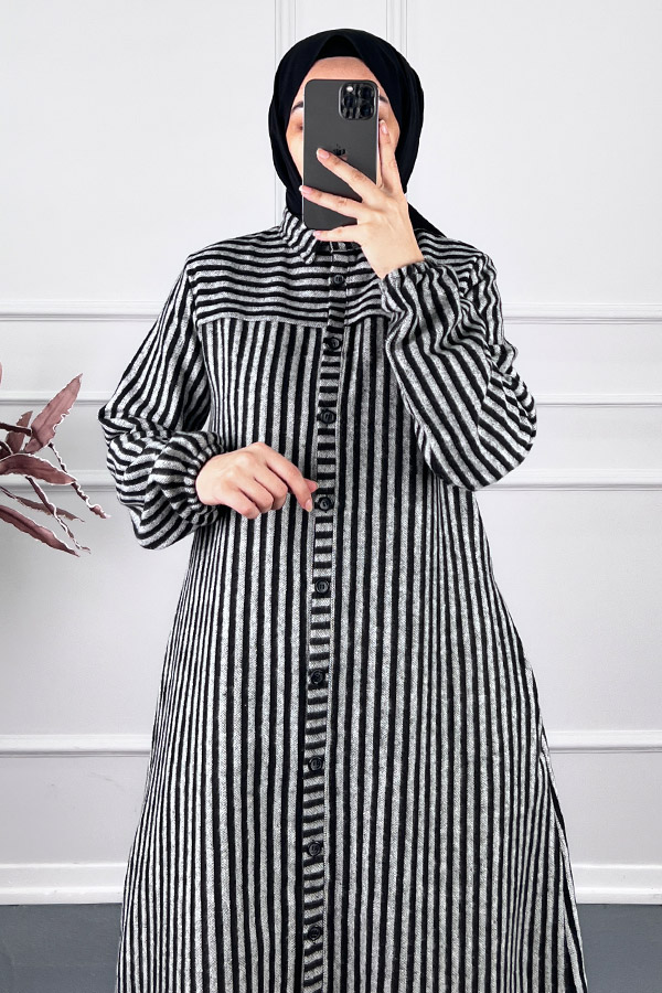 Çizgili Kaşe Pardesü Kap - Gri Çizgili Kaşe Pardesü Kap - Gri