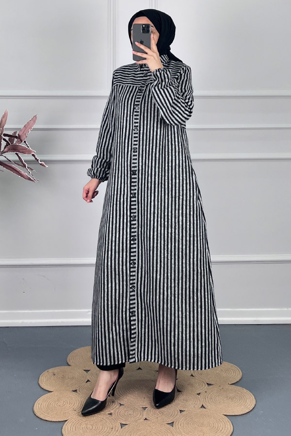 Çizgili Kaşe Pardesü Kap - Gri Çizgili Kaşe Pardesü Kap - Gri