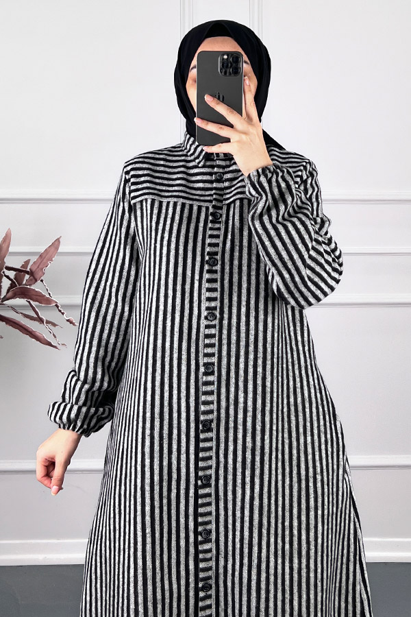 Çizgili Kaşe Pardesü Kap - Gri Çizgili Kaşe Pardesü Kap - Gri