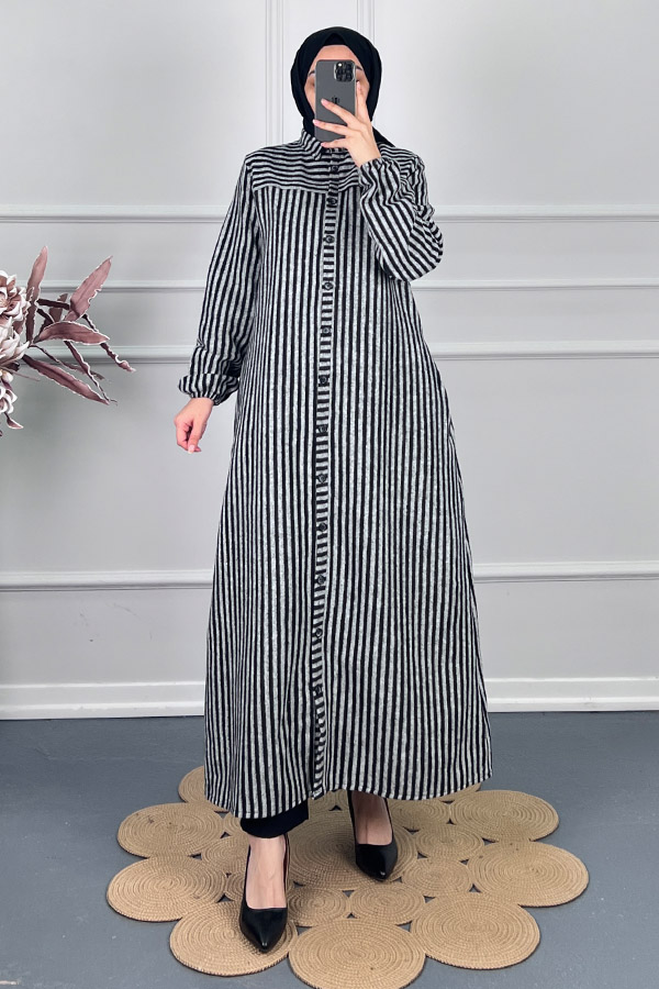 Çizgili Kaşe Pardesü Kap - Gri Çizgili Kaşe Pardesü Kap - Gri