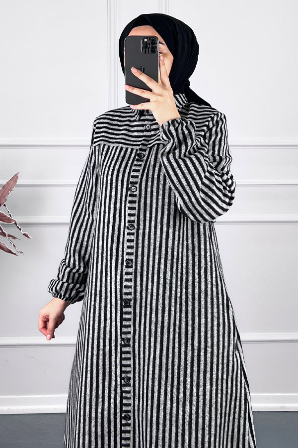 Çizgili Kaşe Pardesü Kap - Gri Çizgili Kaşe Pardesü Kap - Gri