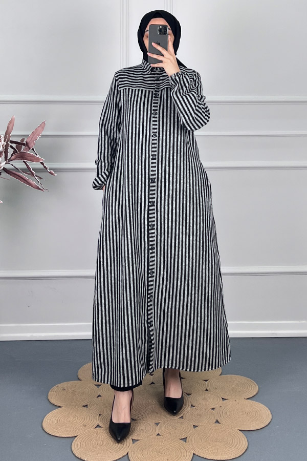 Çizgili Kaşe Pardesü Kap - Gri Çizgili Kaşe Pardesü Kap - Gri