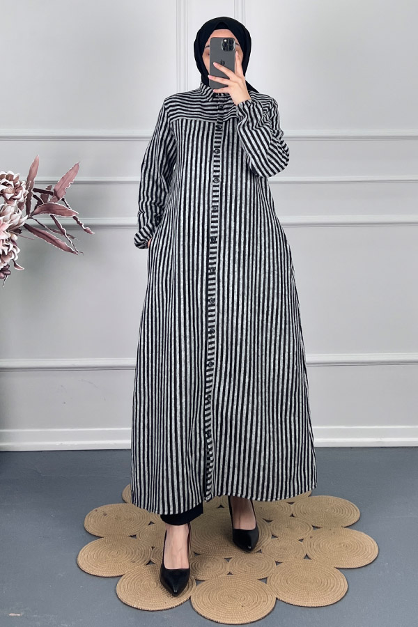 Çizgili Kaşe Pardesü Kap - Gri Çizgili Kaşe Pardesü Kap - Gri