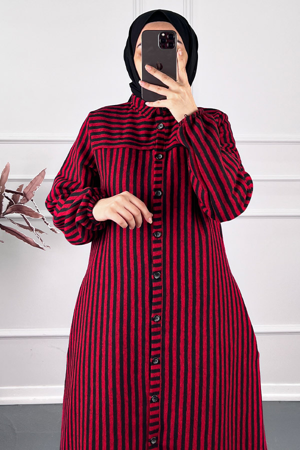 Çizgili Kaşe Pardesü Kap - Kırmızı