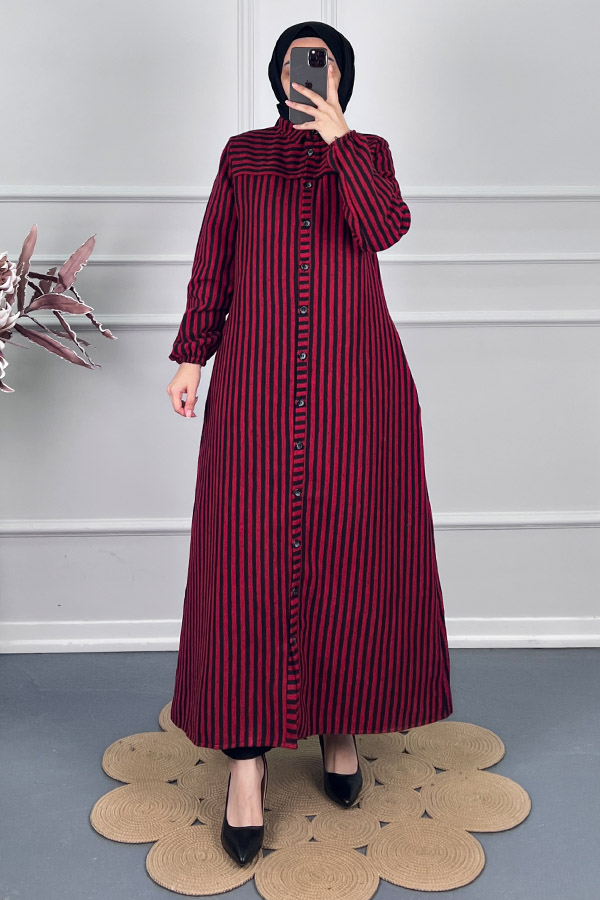 Çizgili Kaşe Pardesü Kap - Kırmızı