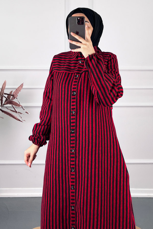 Çizgili Kaşe Pardesü Kap - Kırmızı