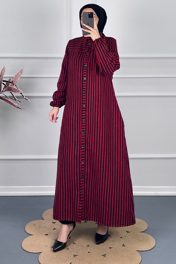 Çizgili Kaşe Pardesü Kap - Kırmızı