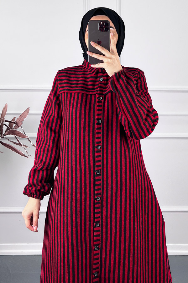 Çizgili Kaşe Pardesü Kap - Kırmızı