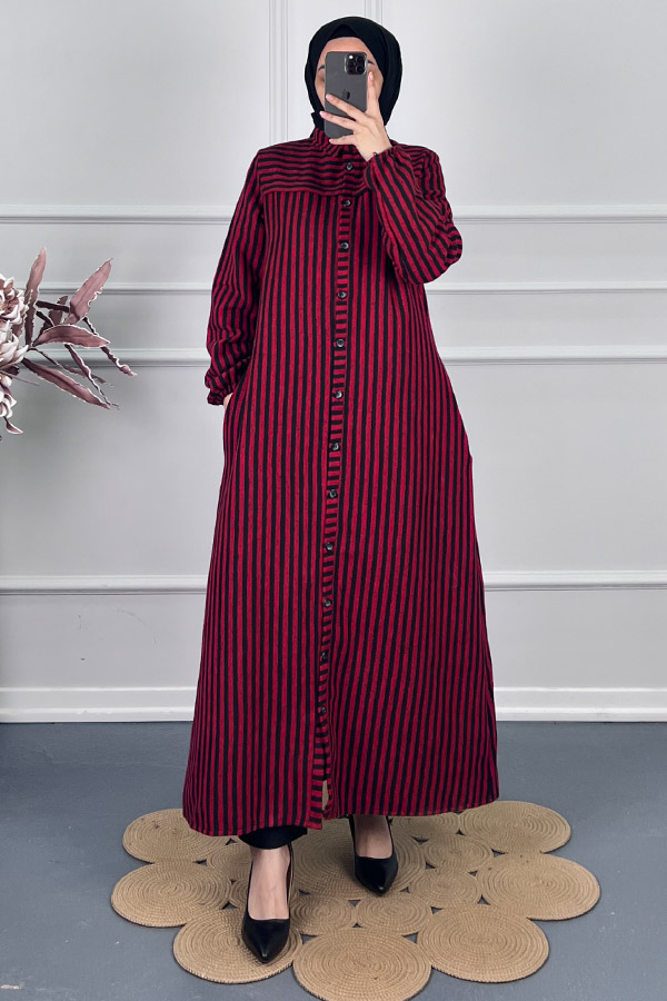 Çizgili Kaşe Pardesü Kap - Kırmızı
