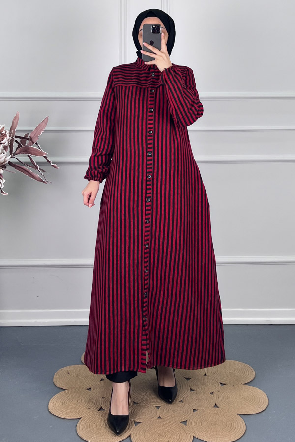 Çizgili Kaşe Pardesü Kap - Kırmızı