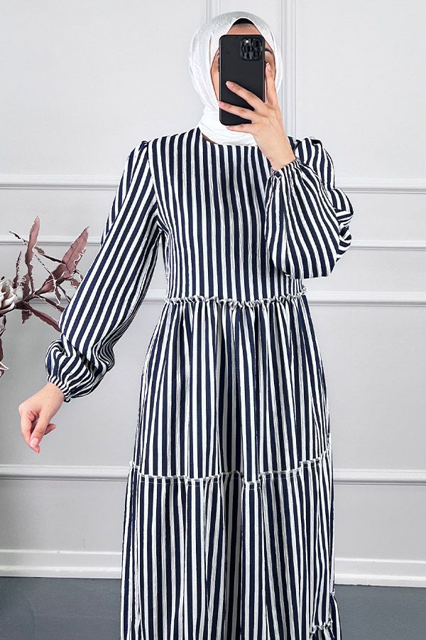 Çizgili Katkat Elbise - Siyah